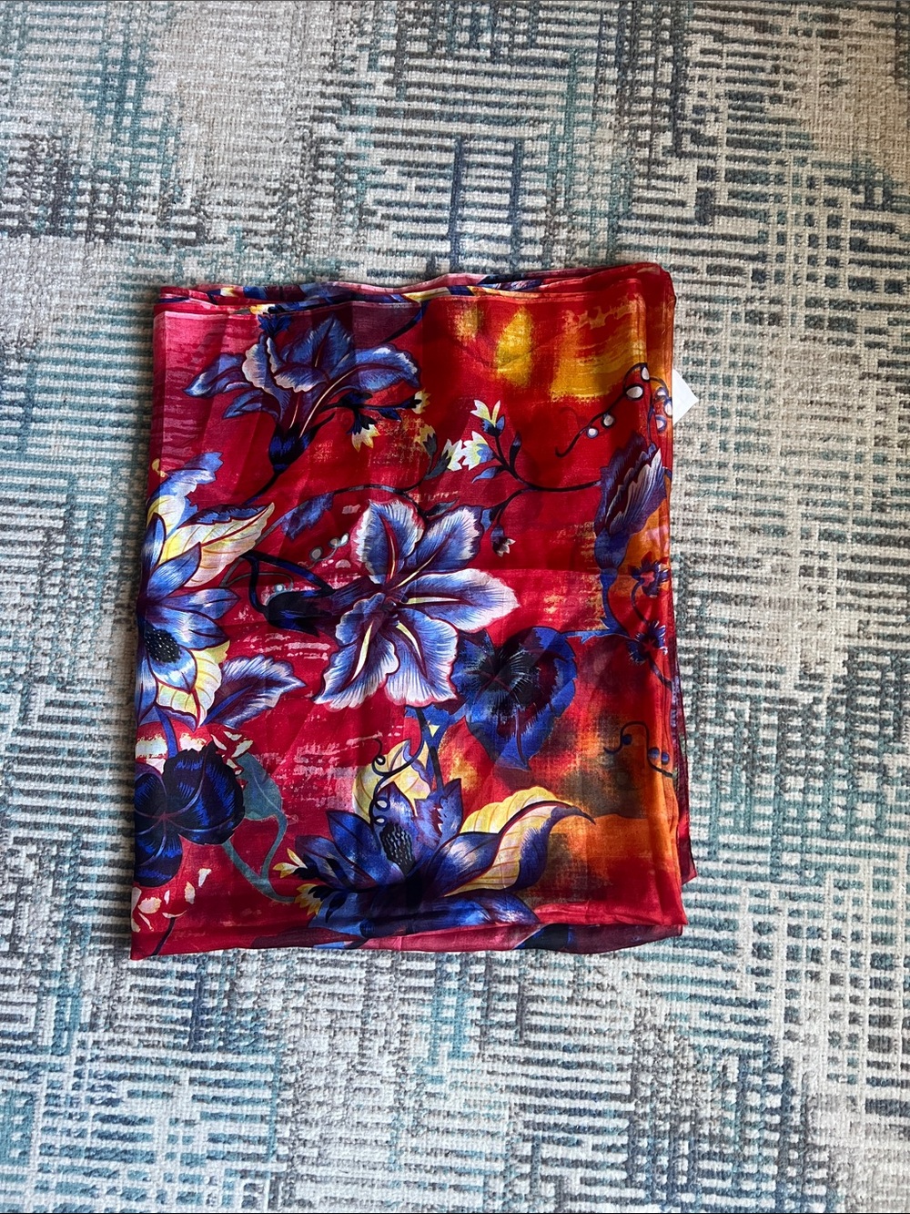 J Francis 100% Silk Oversized Floral Scarf Wrap Red Blue Boho 67x40